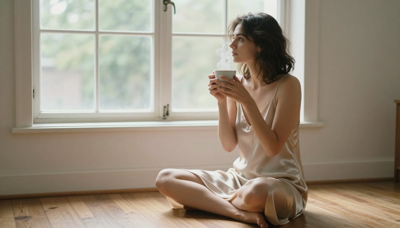 Woman sitting with a coffee cup in a bright morning studio apartment