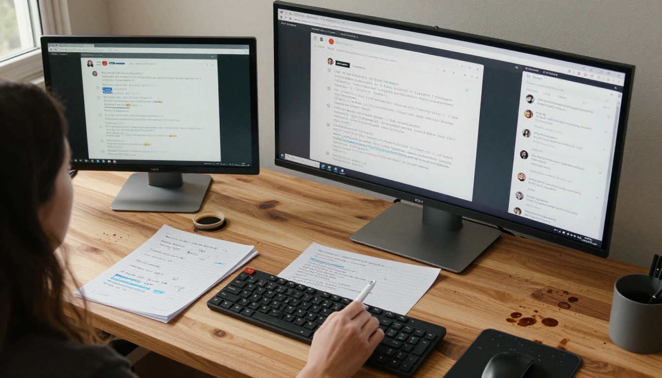 Overhead flat-lay of desk with multiple AI chat interfaces open on a monitor