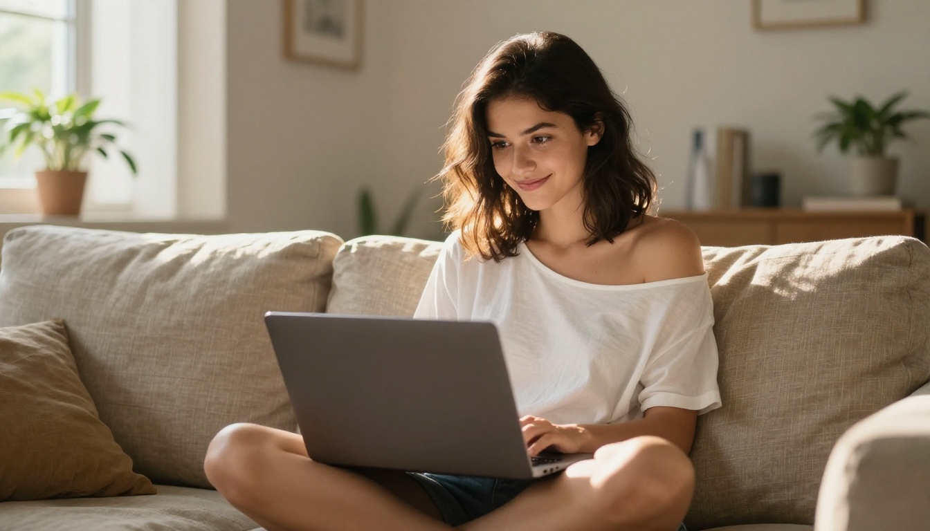 Woman with dark hair sitting on a linen sofa, smiling at her laptop in golden afternoon light