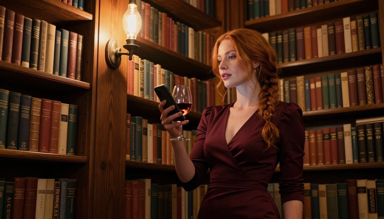 Striking redhead in a deep burgundy dress standing in a library nook with wine and smartphone
