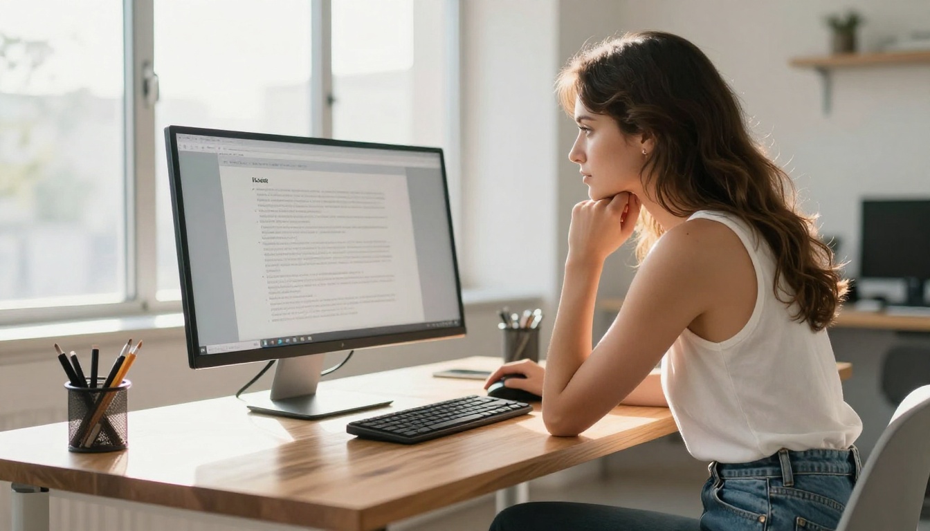 Woman in white top leaning over a standing desk with large curved monitor in bright office