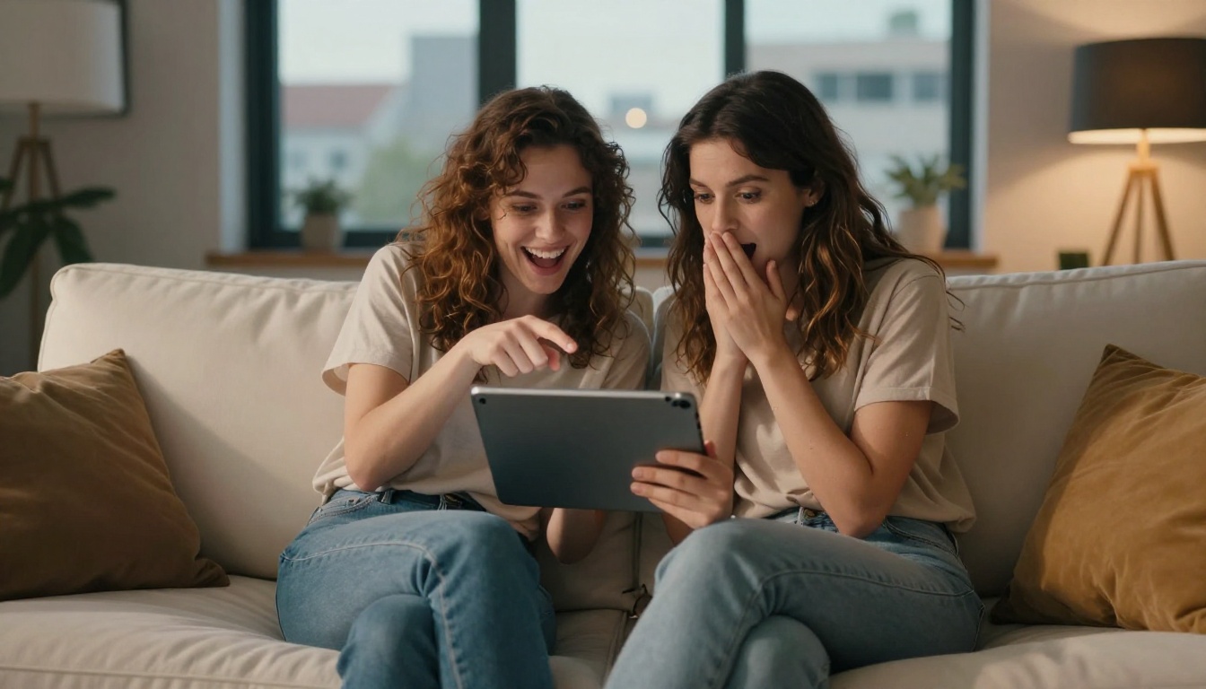 Two women sharing a tablet on a cream sofa, reacting with delight to what they read