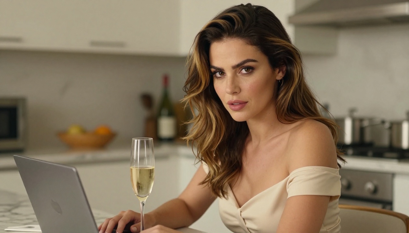 Woman with honey-blond highlights sitting at a marble countertop with laptop and champagne flute