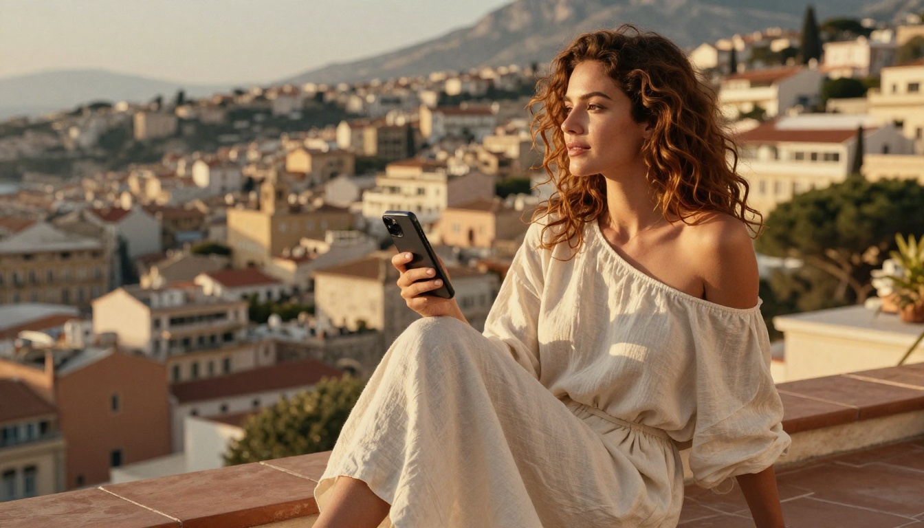 Woman with wavy auburn hair on a sunlit Mediterranean terrace with smartphone and city view