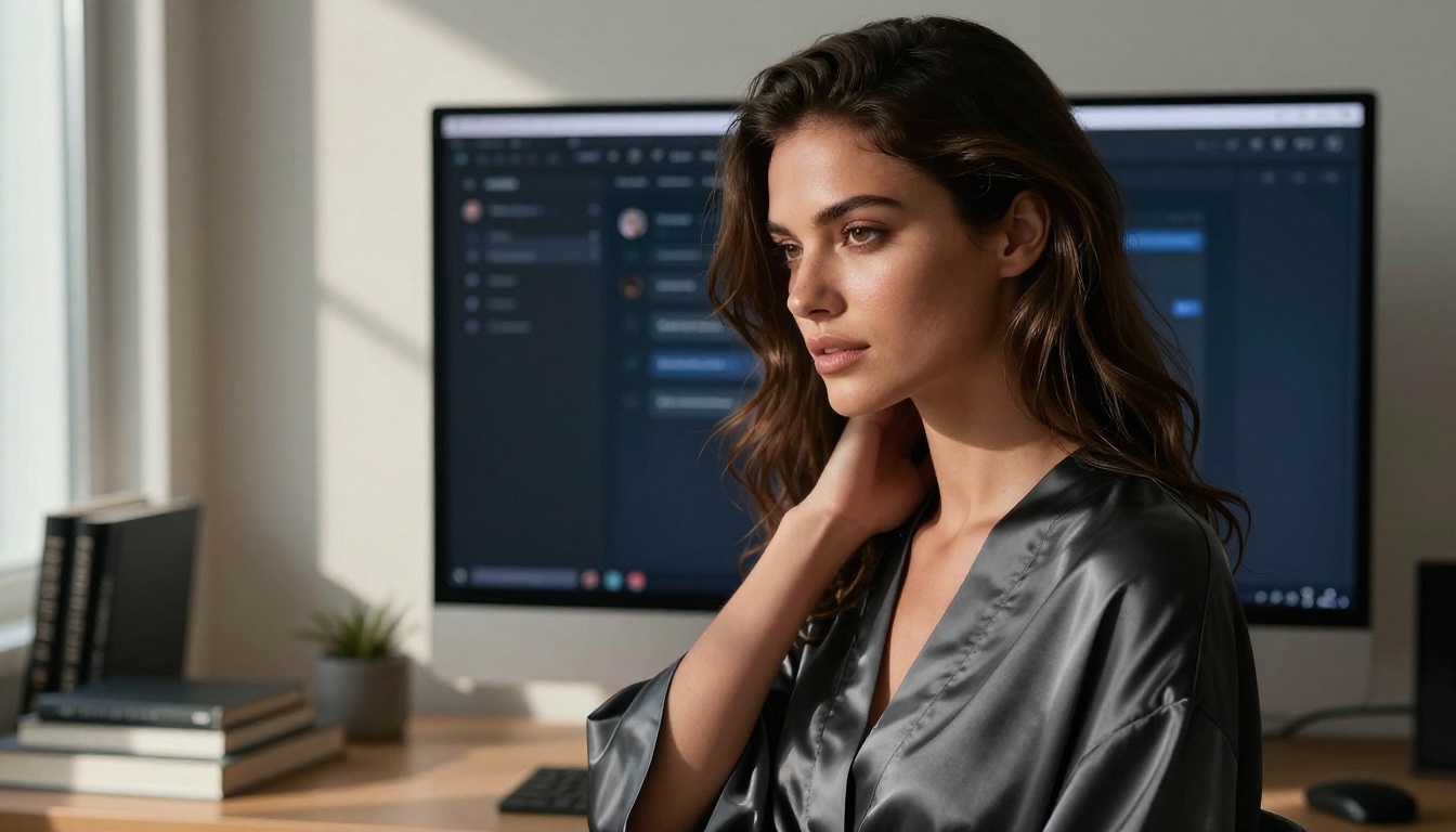 Beautiful woman with brunette waves in silky charcoal robe leaning toward ultrawide AI interface monitor, dramatic Rembrandt side lighting