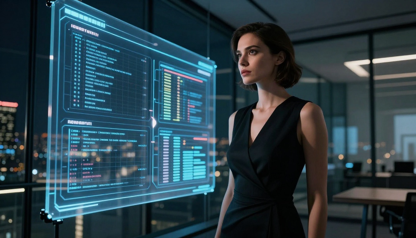 Assertive woman in black cocktail dress before glass screen with AI comparison data chart, city night view, dramatic uplighting