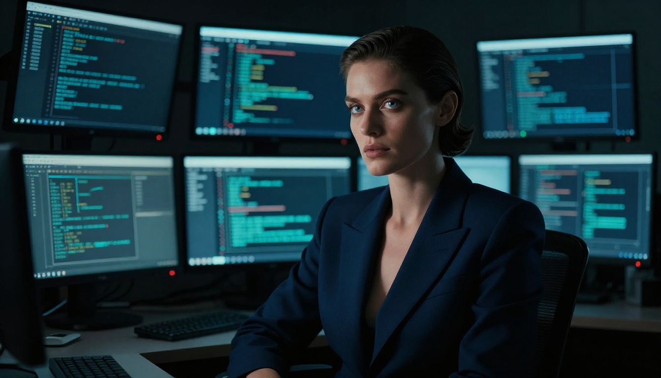 Sharp-featured woman in navy blazer in dark executive office surrounded by glowing AI monitors, film noir Rembrandt lighting