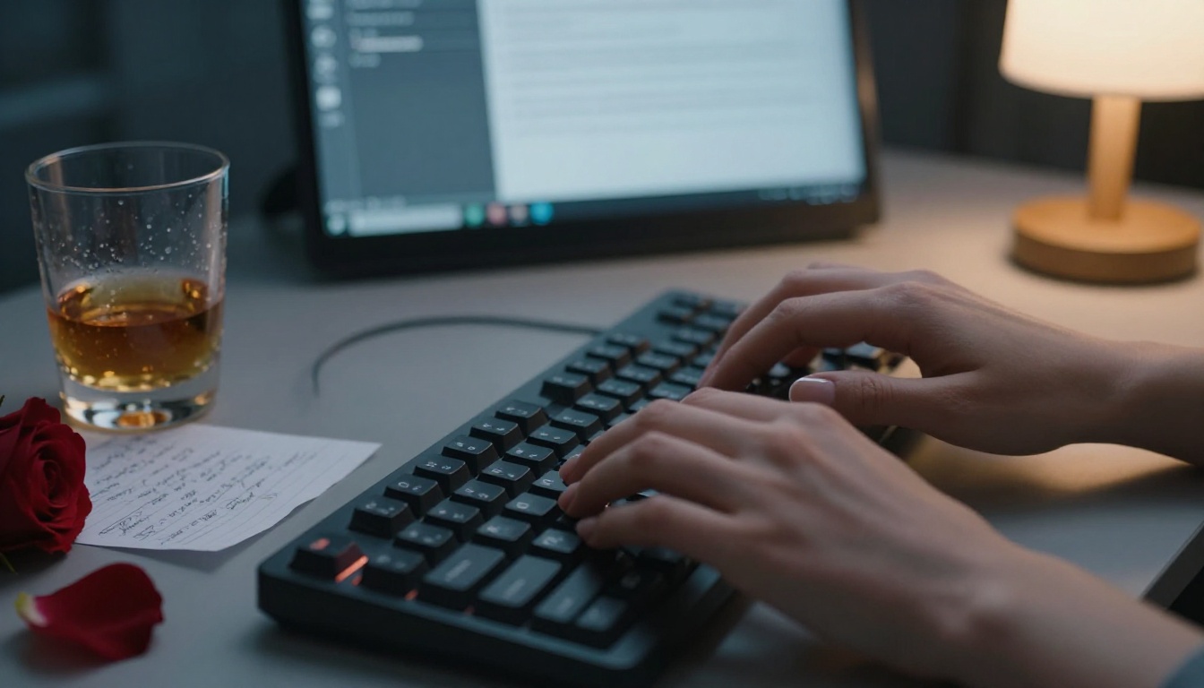Close-up of elegant feminine hands typing on a sleek black mechanical keyboard, with creative text reflected on screen behind