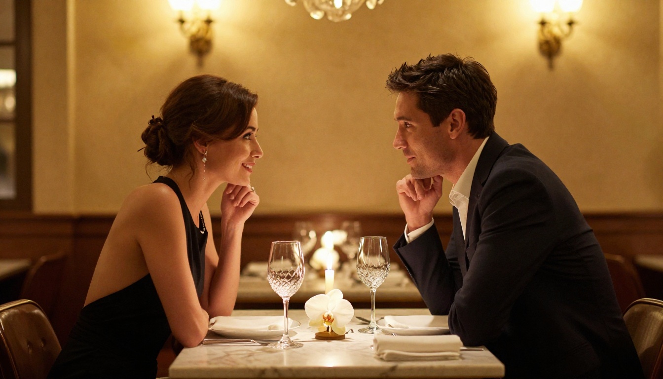 Sophisticated couple sharing an intimate dinner moment at a candlelit Parisian restaurant