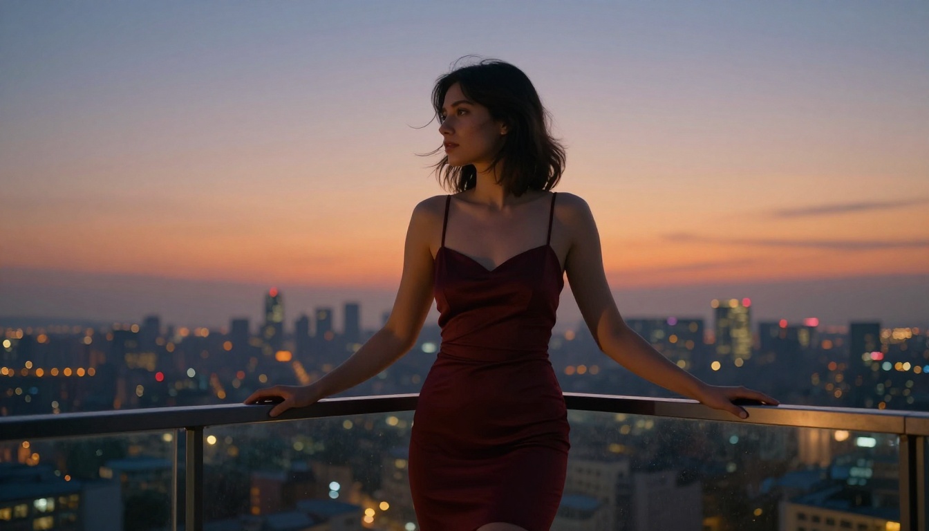 Young woman in burgundy cocktail dress standing on a penthouse terrace at blue hour dusk overlooking a glittering city skyline