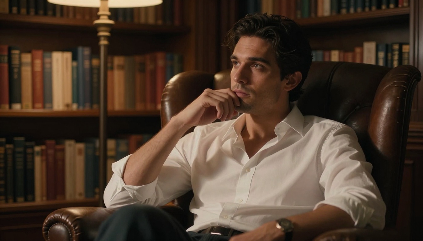 Man with dark hair sitting in a leather armchair in a dimly lit private library, hand resting thoughtfully against his chin