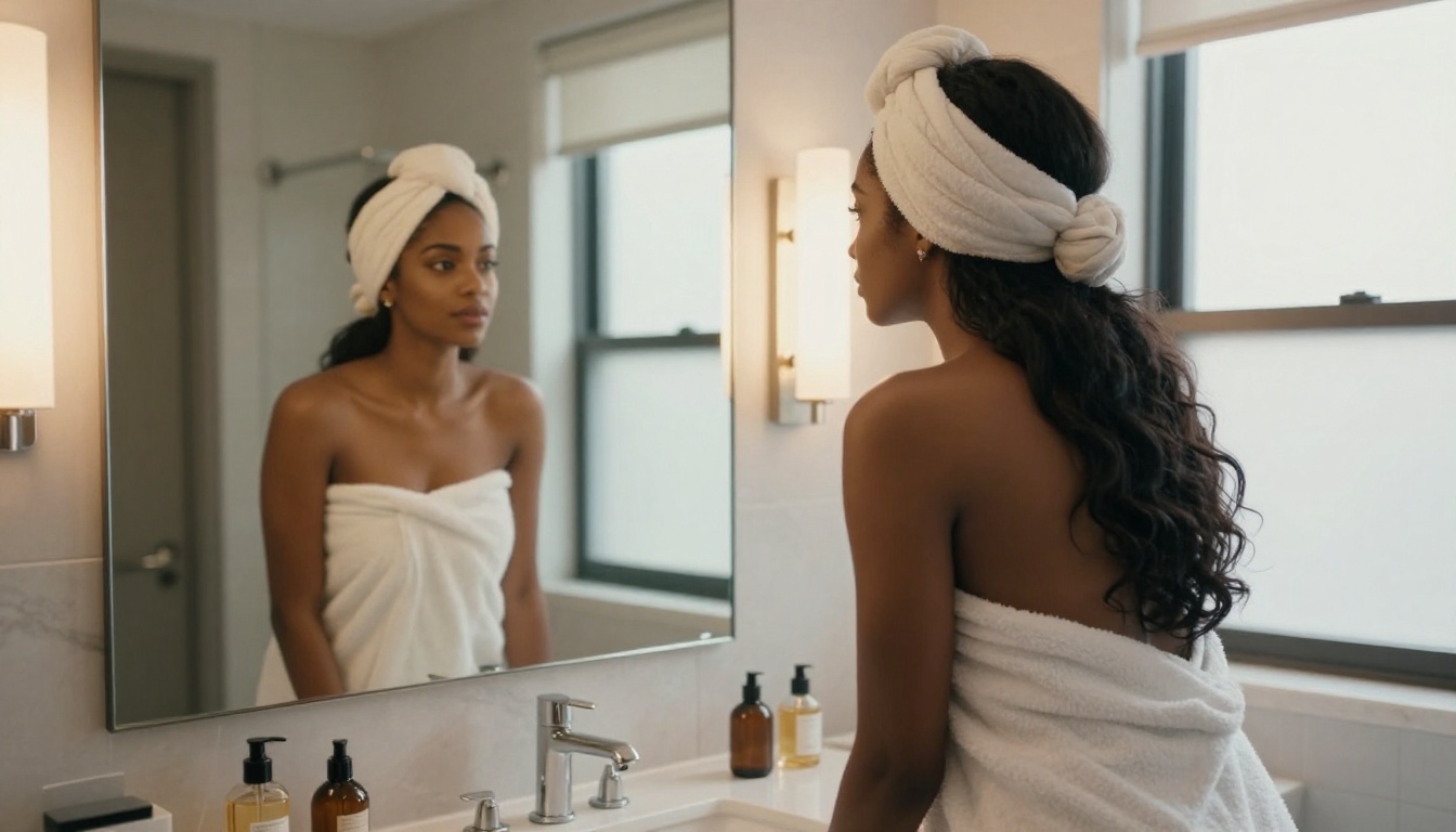 Woman with dark olive skin and long black hair in a modern bathroom, wearing an elegantly wrapped white towel, gazing at her reflection
