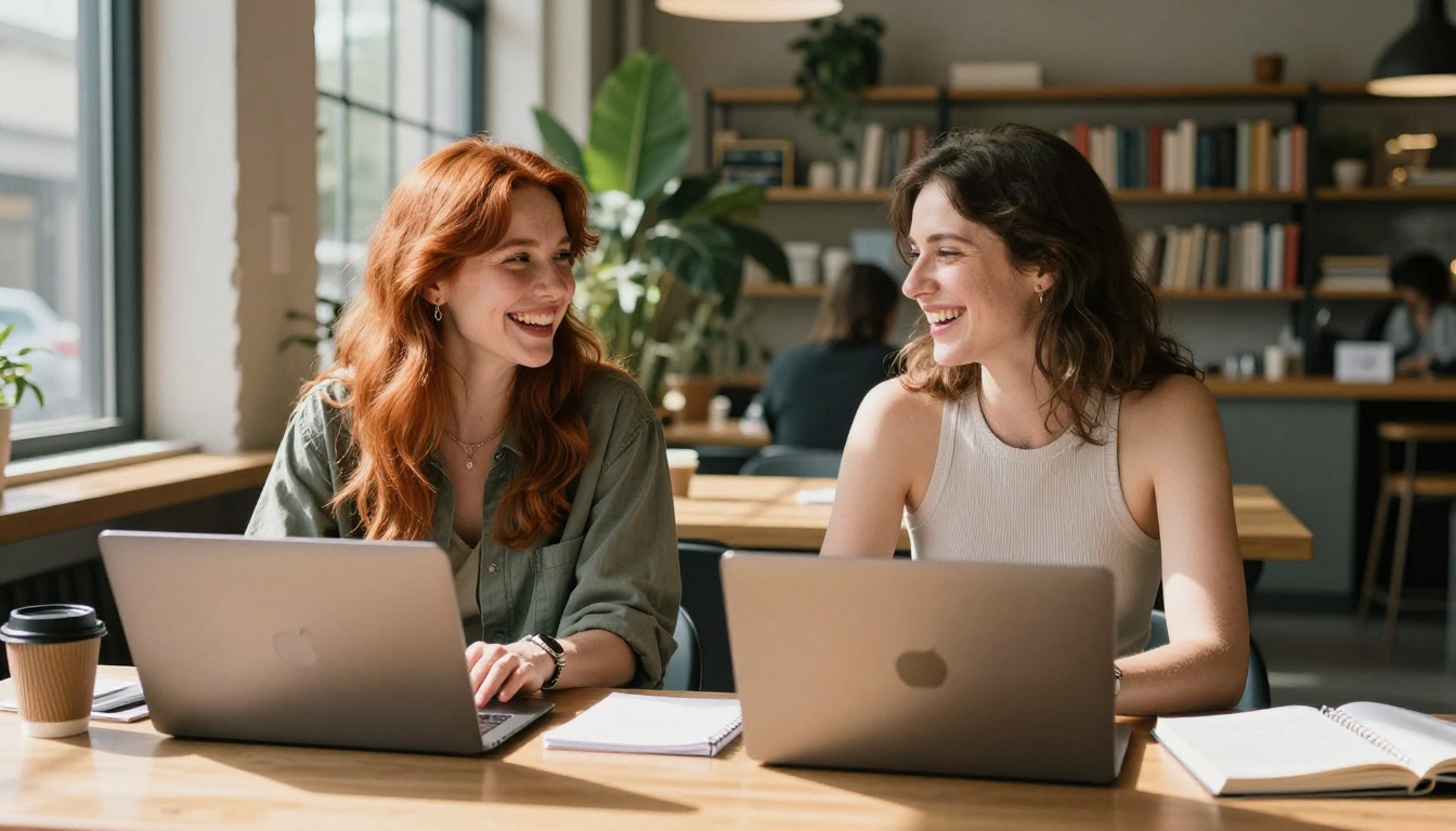 Two women laughing together while working on laptops at a bright modern co-working space cafe