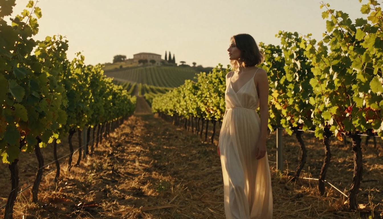 Woman in sheer dress in Tuscan vineyard, golden hour light, cinematic editorial Woman in sheer dress in Tuscan vineyard, golden hour light, cinematic editorial
