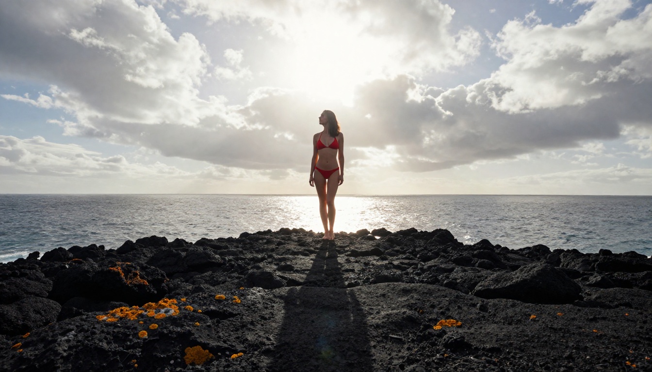 Low-angle shot of woman in red bikini on volcanic cliff above the ocean, dramatic sky Low-angle shot of woman in red bikini on volcanic cliff above the ocean, dramatic sky