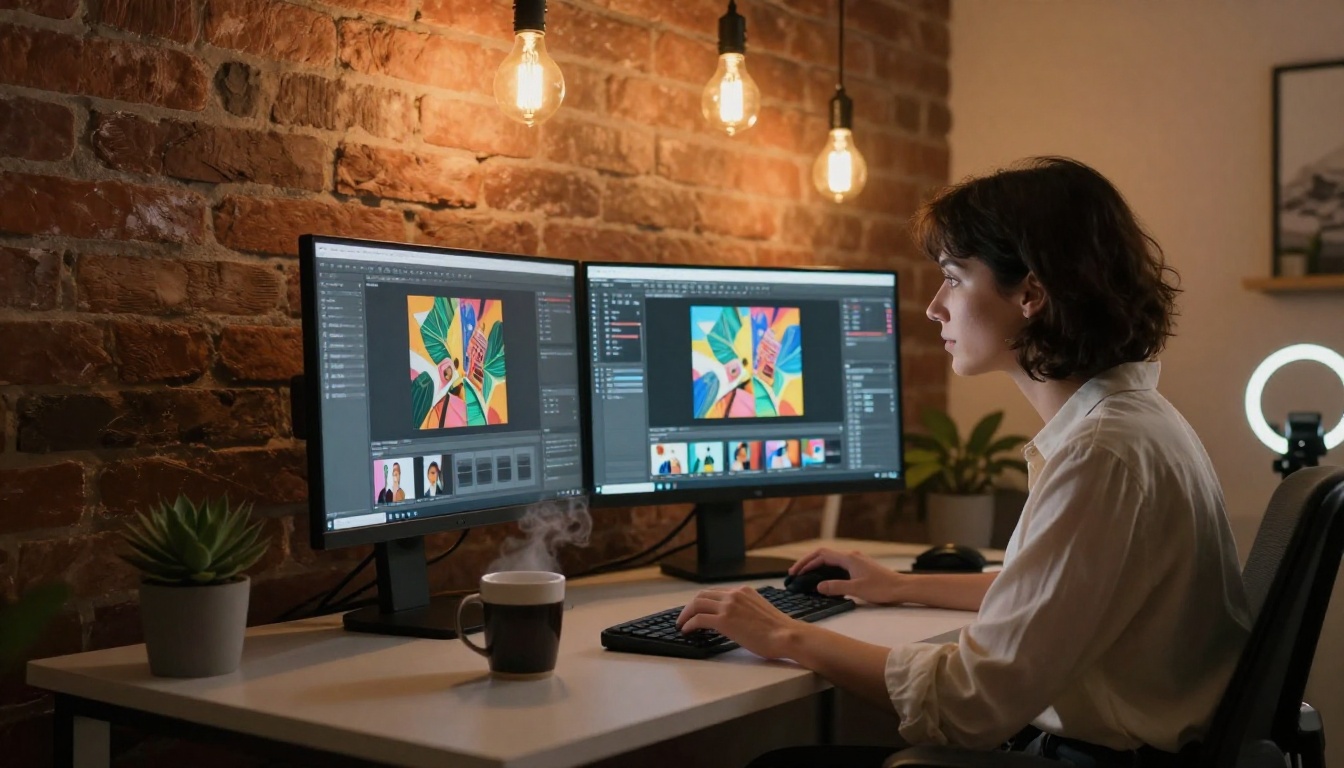 Woman at home studio desk with dual monitors showing AI art generation, creative workspace