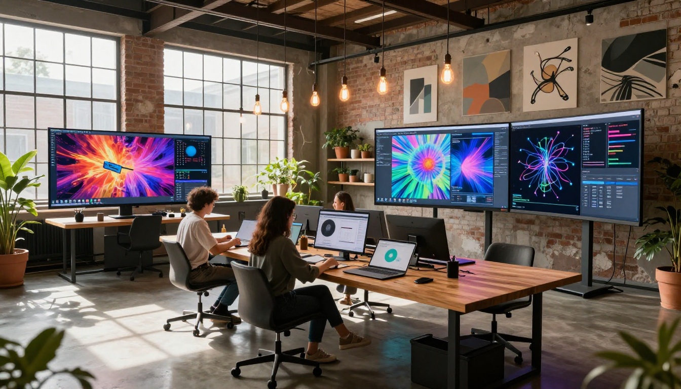 AI creative studio with multiple monitors and collaborators
