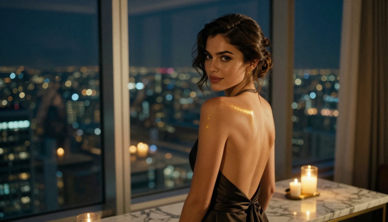 Elegant woman in low-back evening gown with city lights backdrop