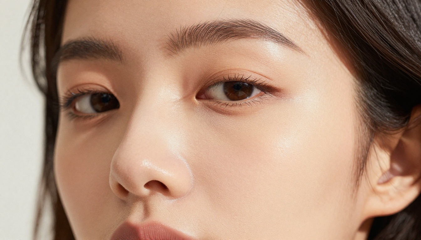 Close-up beauty portrait with clamshell lighting, natural honey skin tones, Kodak Portra film look