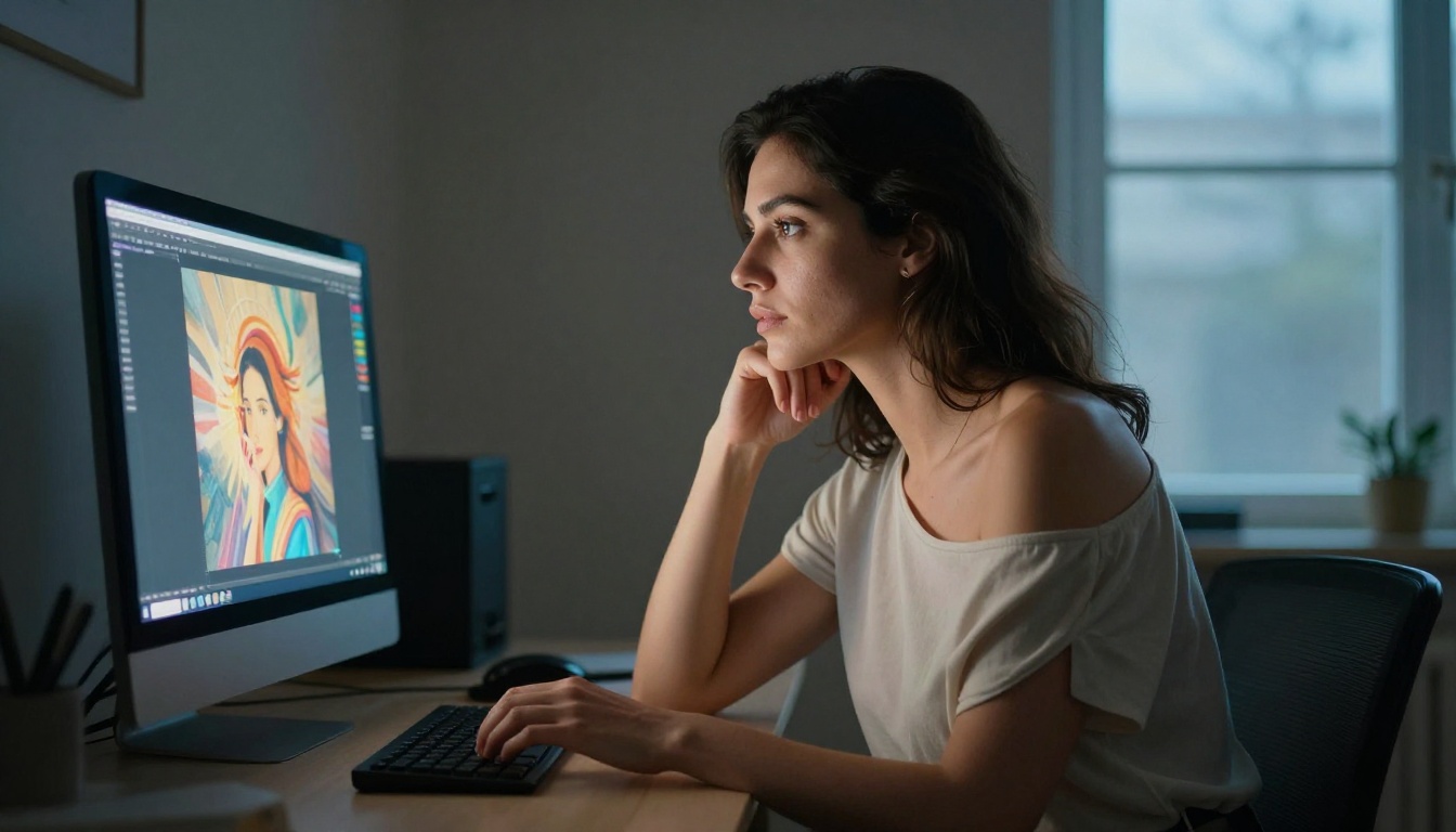 AI art generator interface showing woman at creative workstation