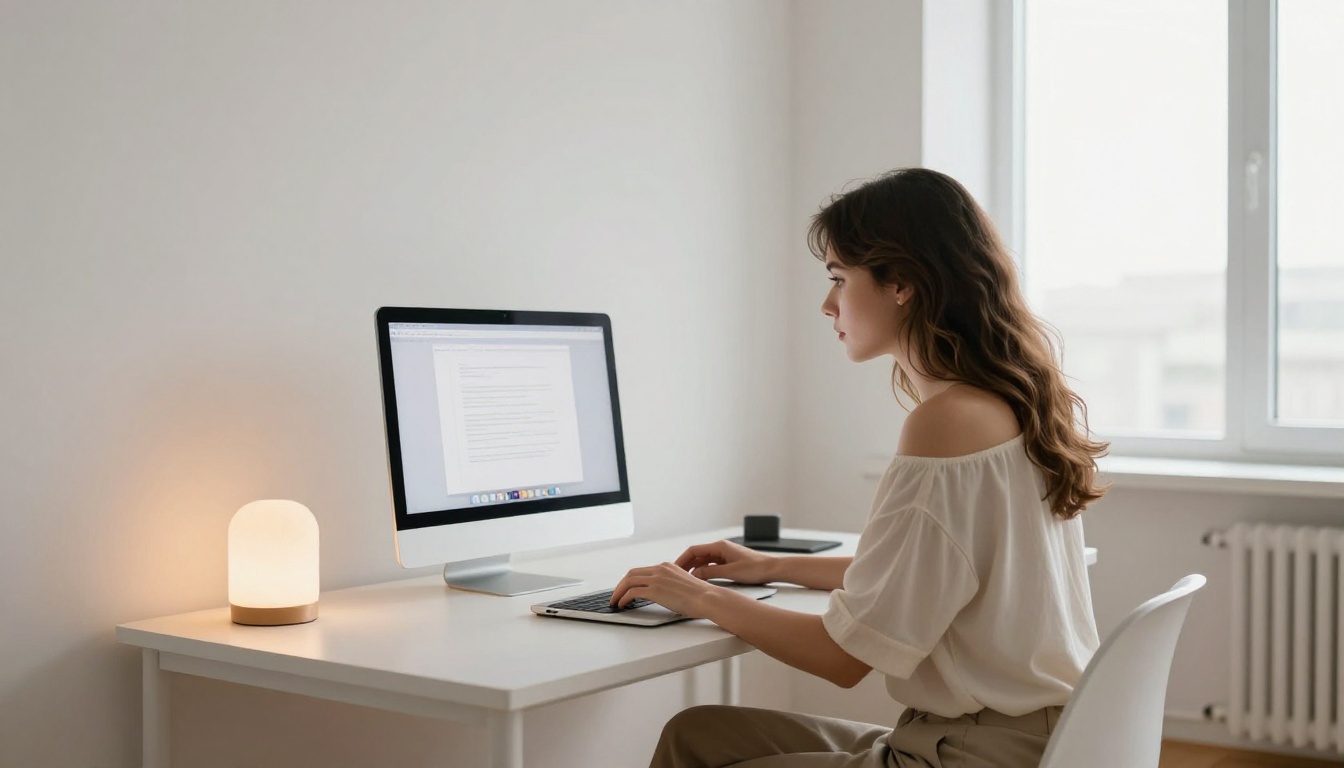 Woman using AI image generation on laptop in minimal Scandinavian workspace