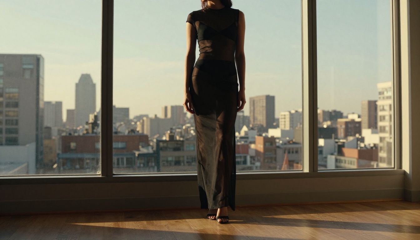 Woman in sheer black mesh dress against floor-to-ceiling windows, golden hour city skyline