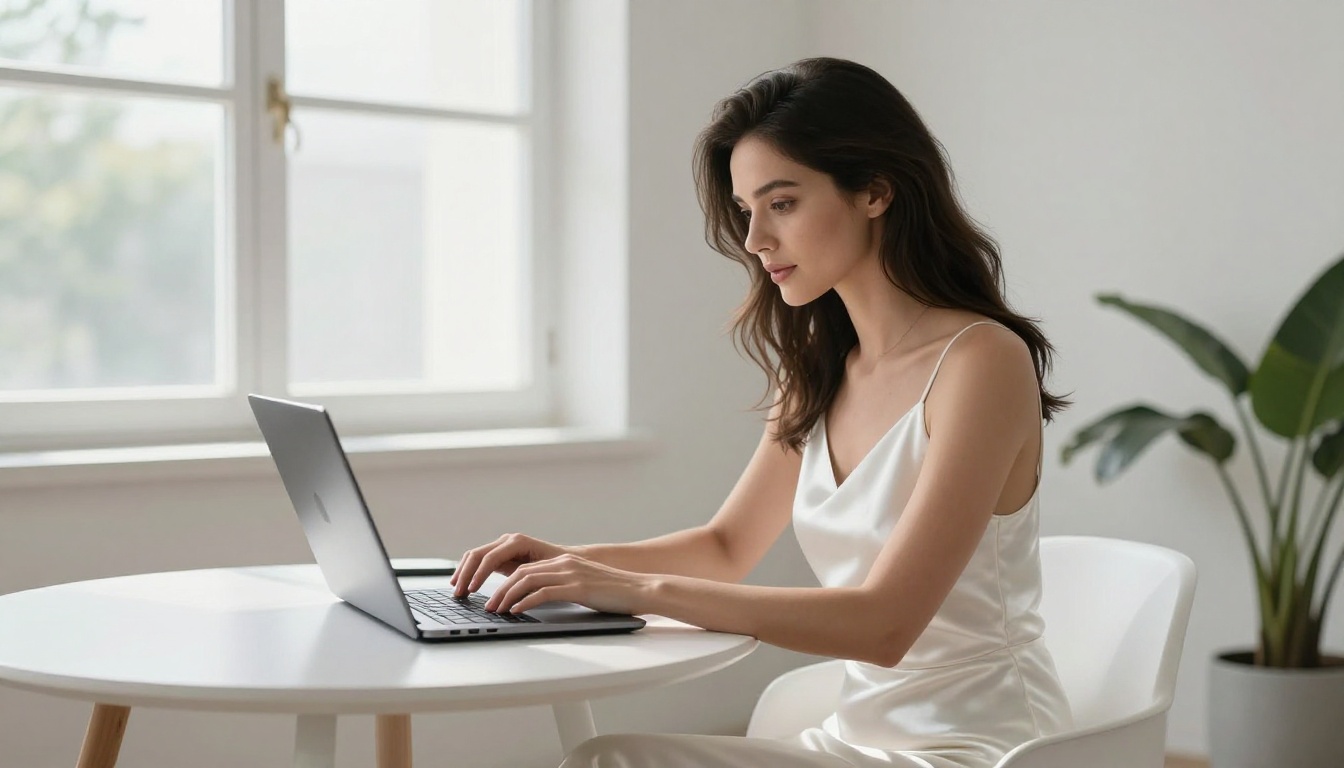Woman using laptop with AI interface