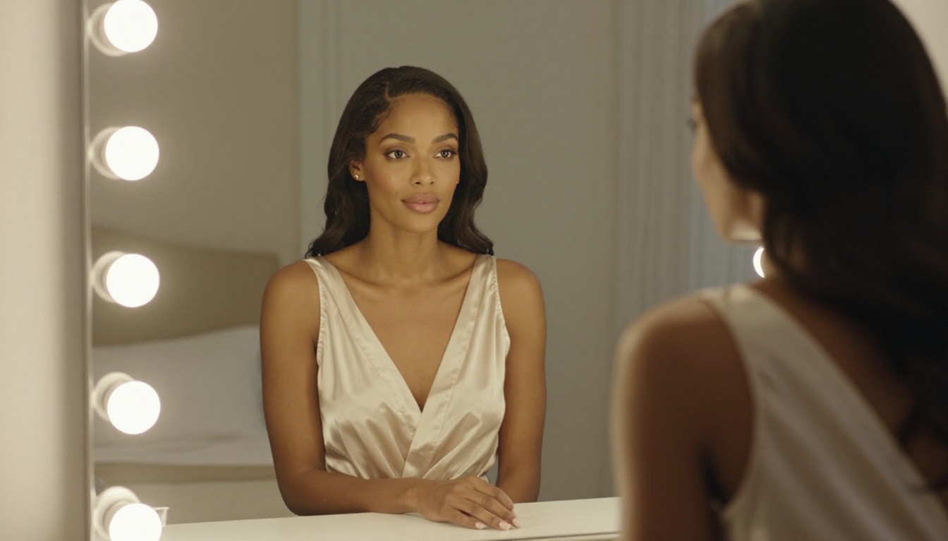 Beauty editorial portrait of elegant woman at vanity mirror with Hollywood lighting