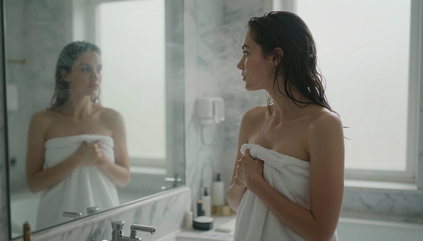 Artistic morning portrait in marble bathroom, steam and soft window light