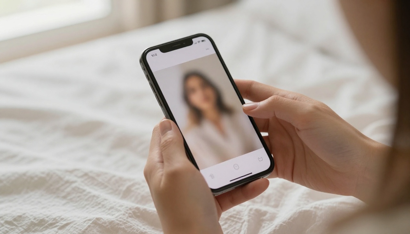 Hands holding smartphone showing clean AI generation interface on white linen