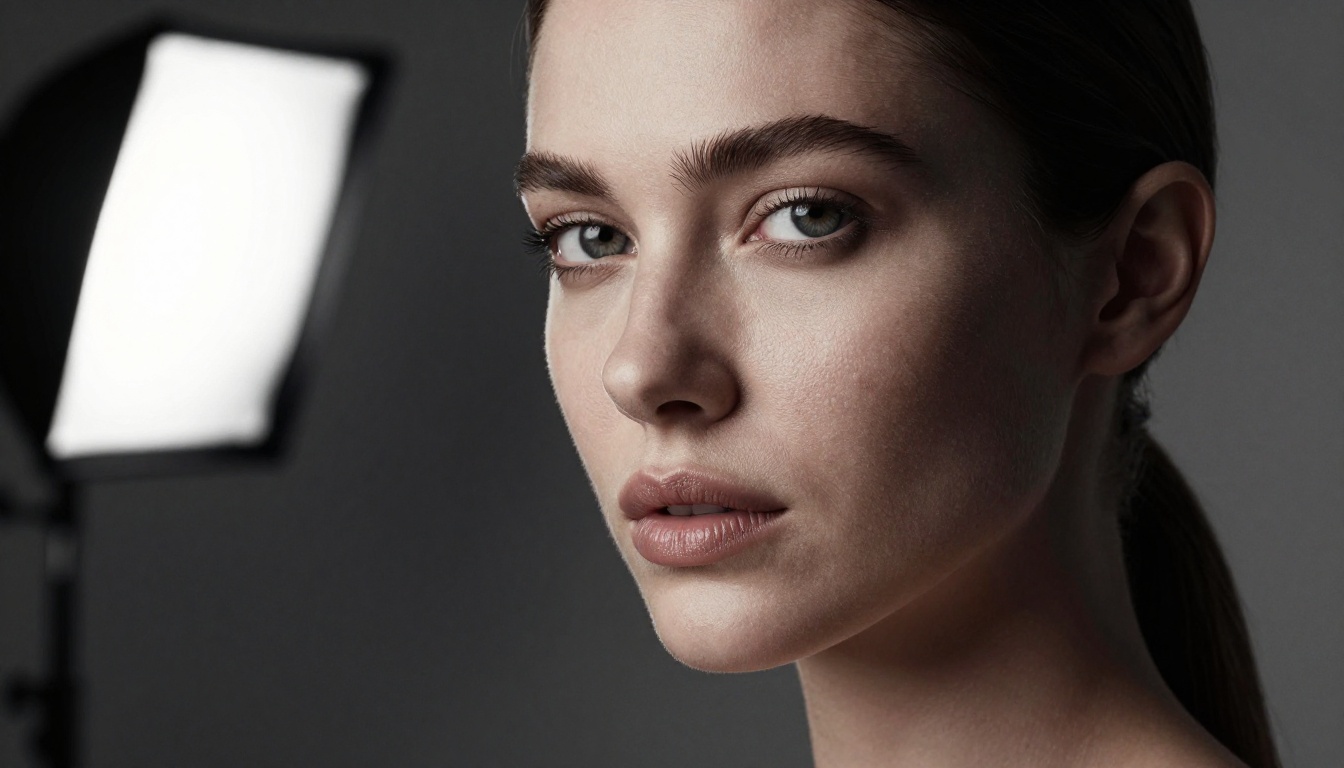 Close-up beauty portrait with Rembrandt lighting, photorealistic skin detail