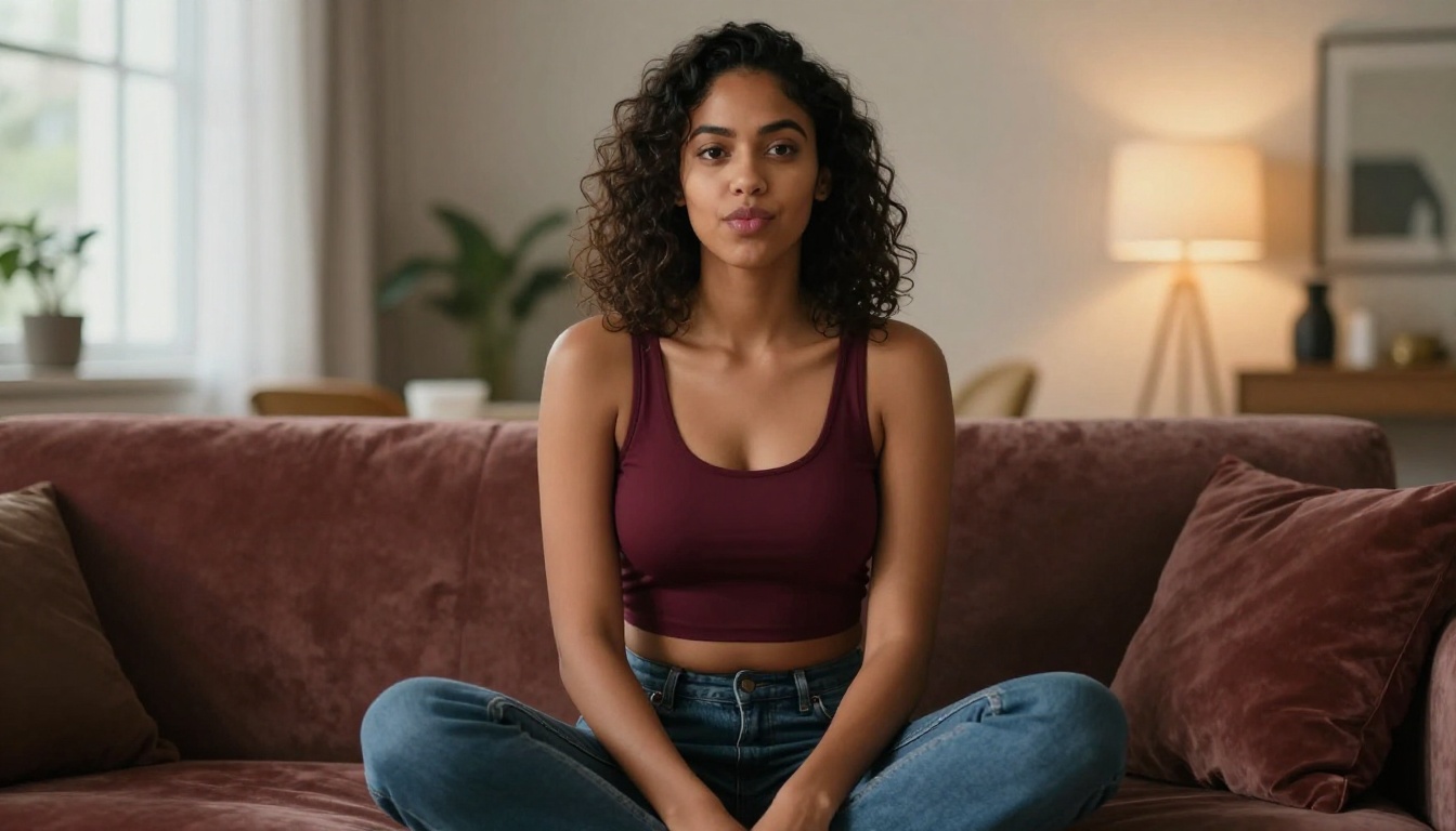 Latina woman portrait with warm two-tone lighting on velvet sofa