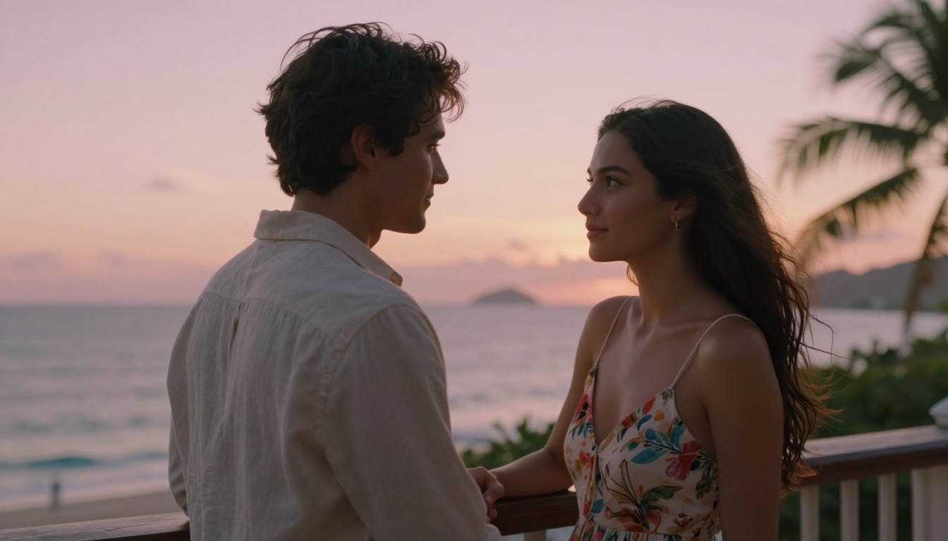 Couple on tropical resort balcony at dusk