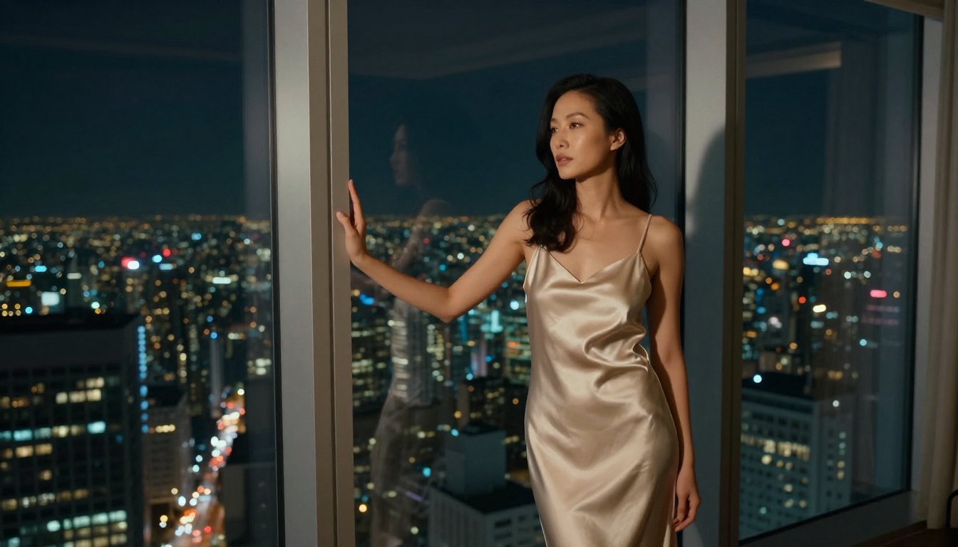 Asian woman in champagne slip dress at penthouse window with city skyline at night