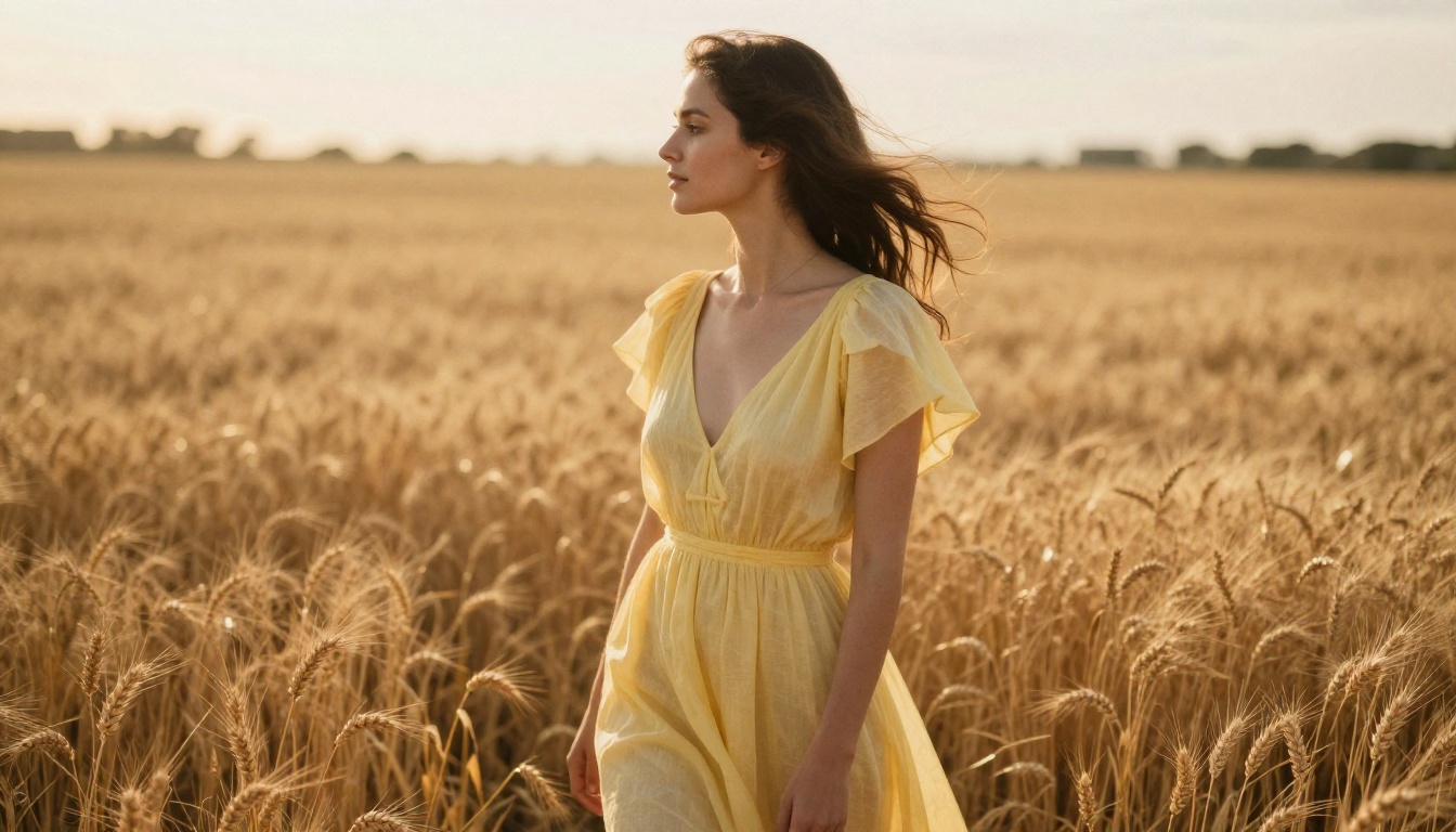 Woman in yellow sundress in golden wheat field, beautiful backlit rim light at sunset
