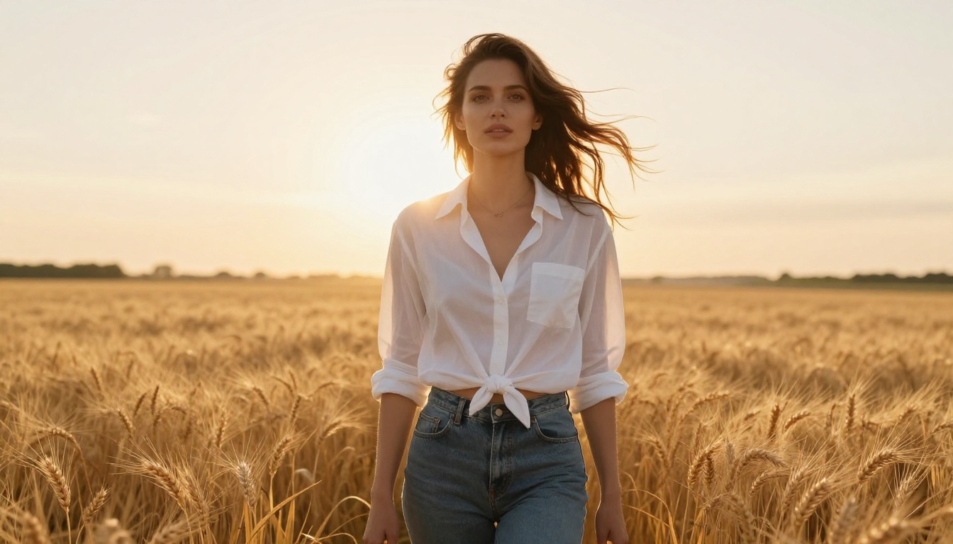 Golden wheat field portrait at magic hour, powerful backlit silhouette