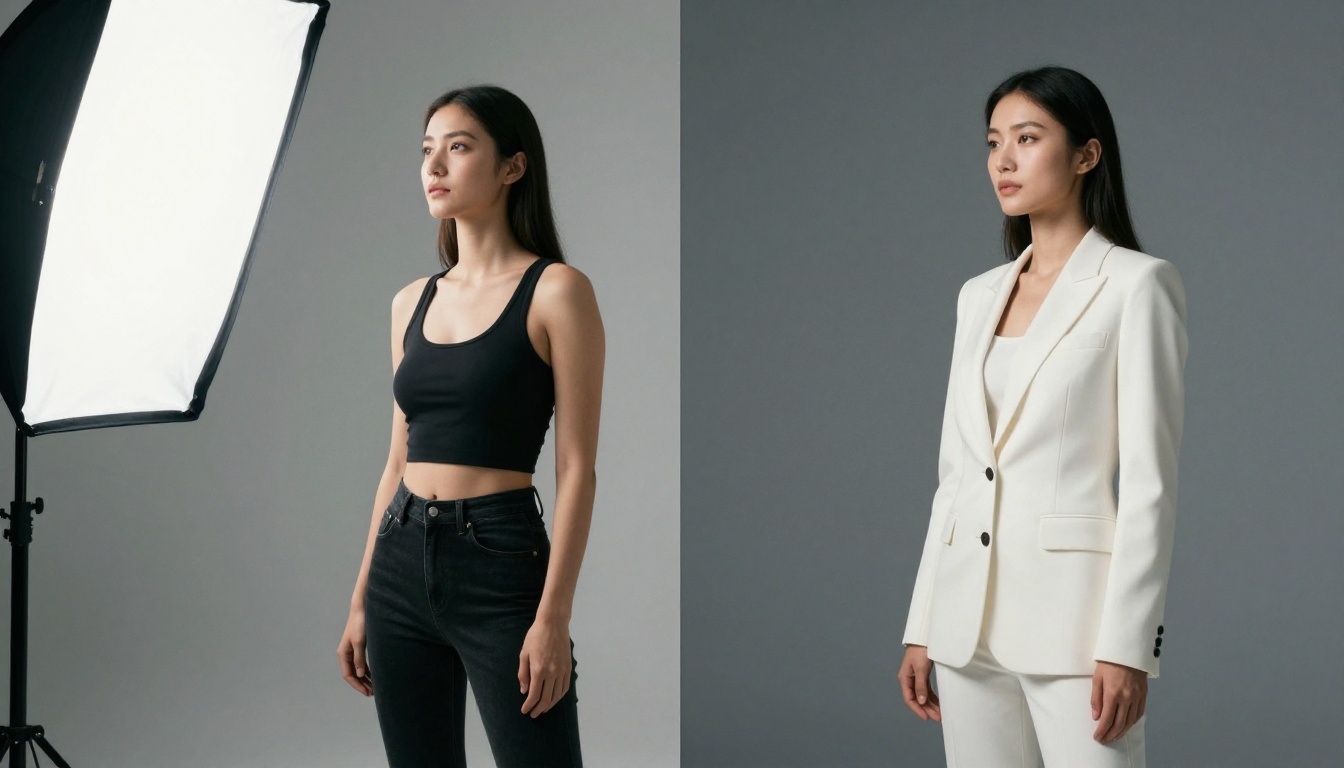 Two women representing competing AI platforms in an editorial split-composition studio photograph