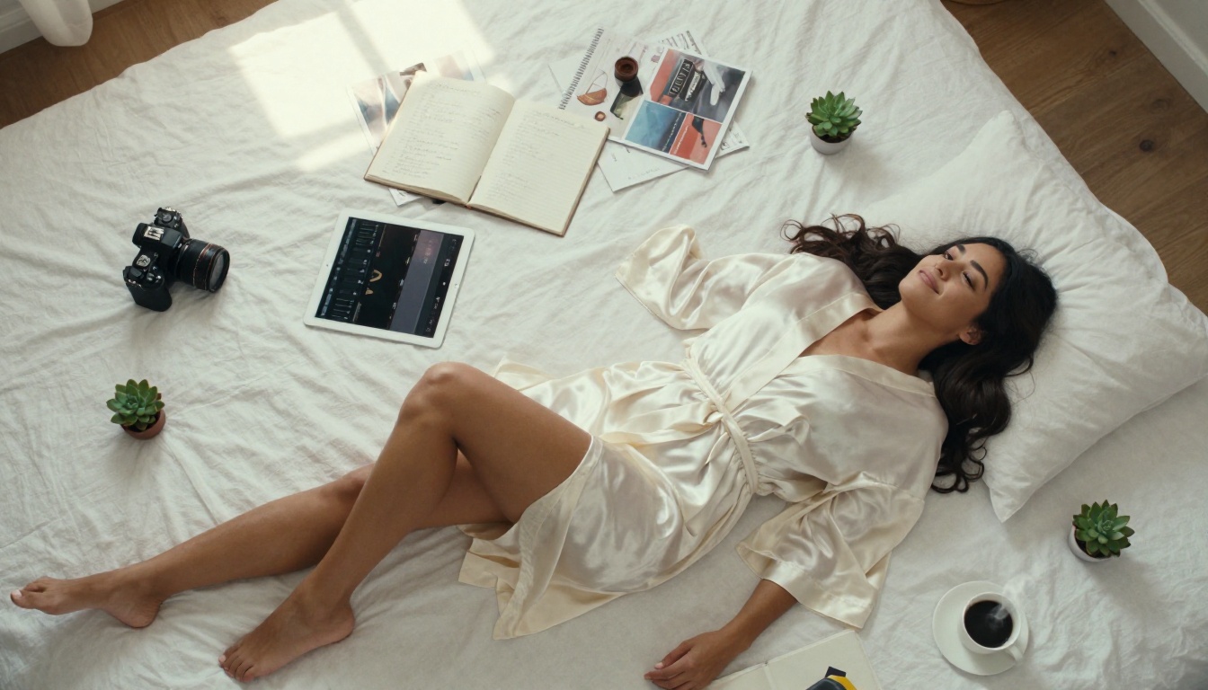 Aerial flat-lay of a woman content creator surrounded by creative tools in a morning light workspace