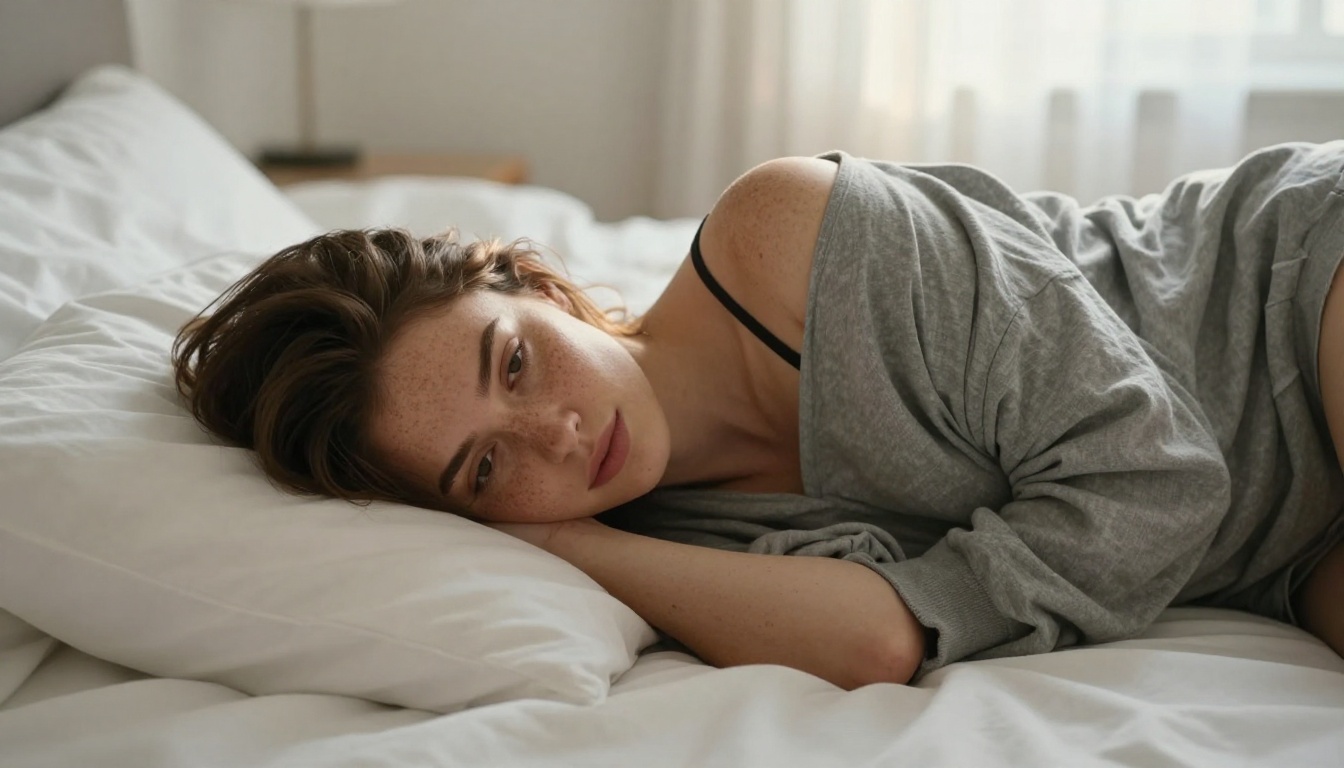 Woman with freckled fair skin resting on white linen bed in warm late afternoon light