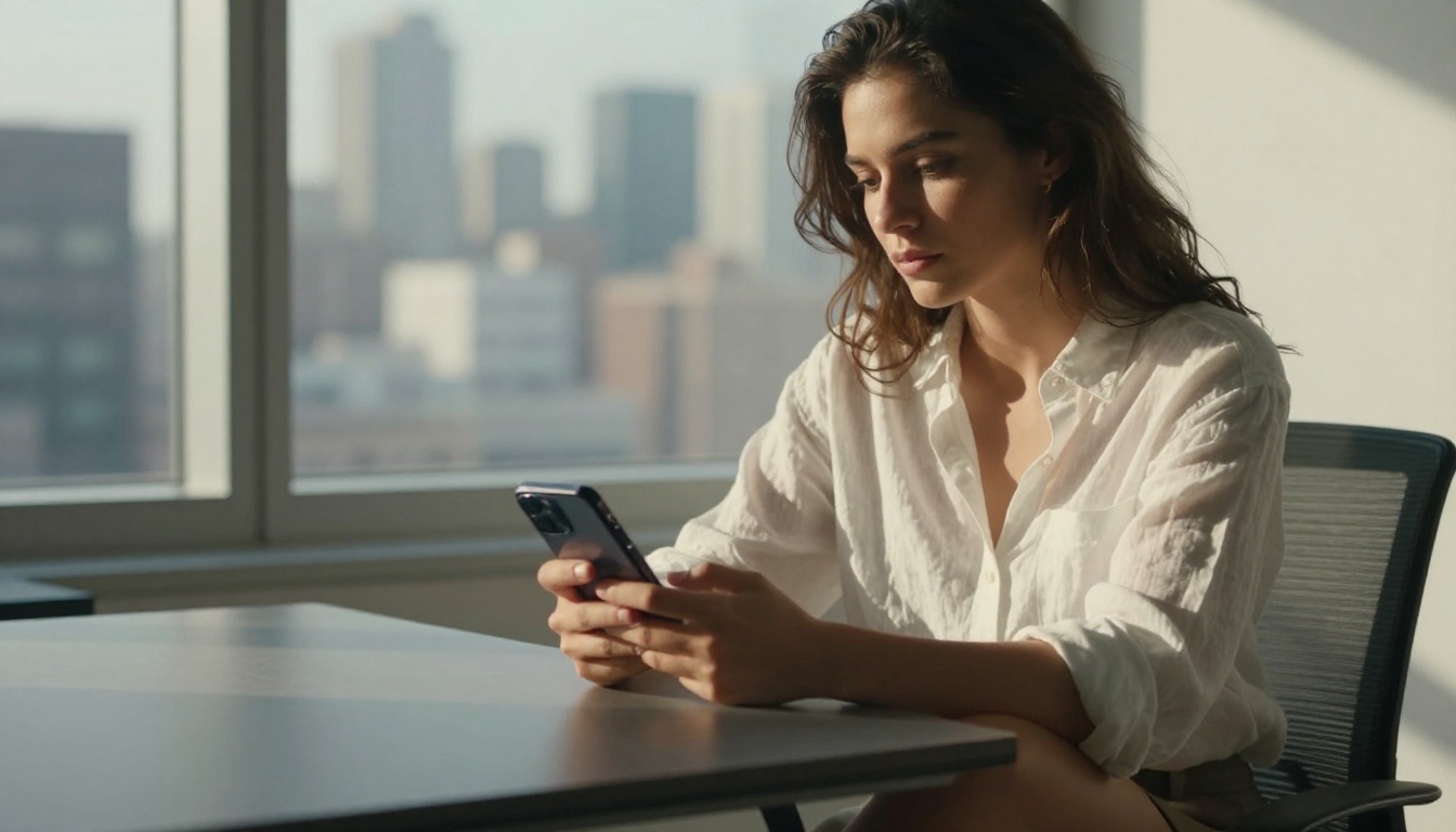 Woman in a white linen shirt at a sunlit office desk overlooking a city skyline
