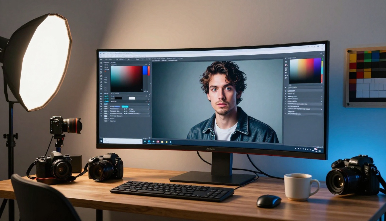 Creative studio workspace with AI generation monitor Creative studio workspace with AI generation monitor