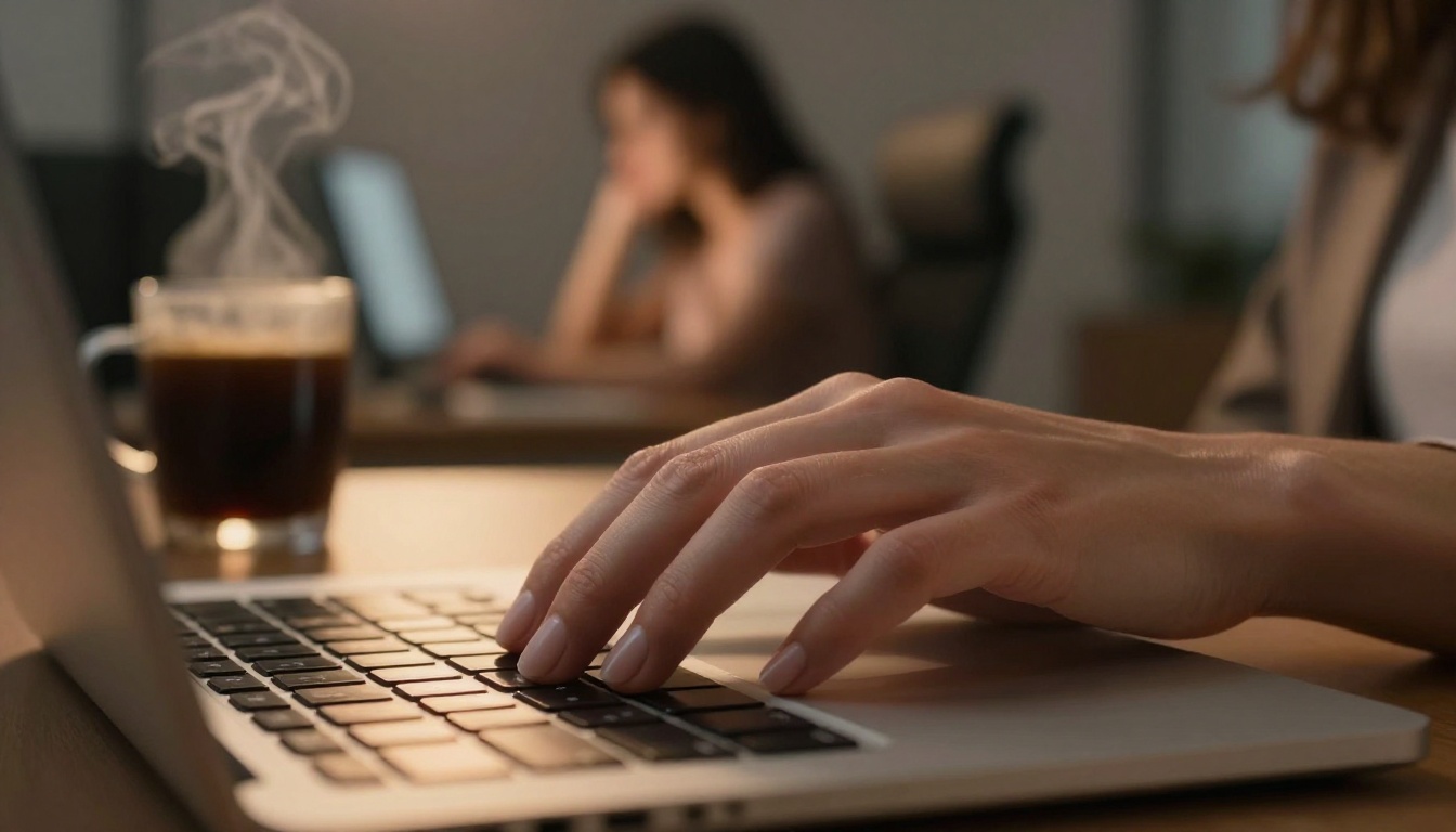 Woman's hand on a laptop keyboard lit by warm screen glow with blurred creative studio in the background