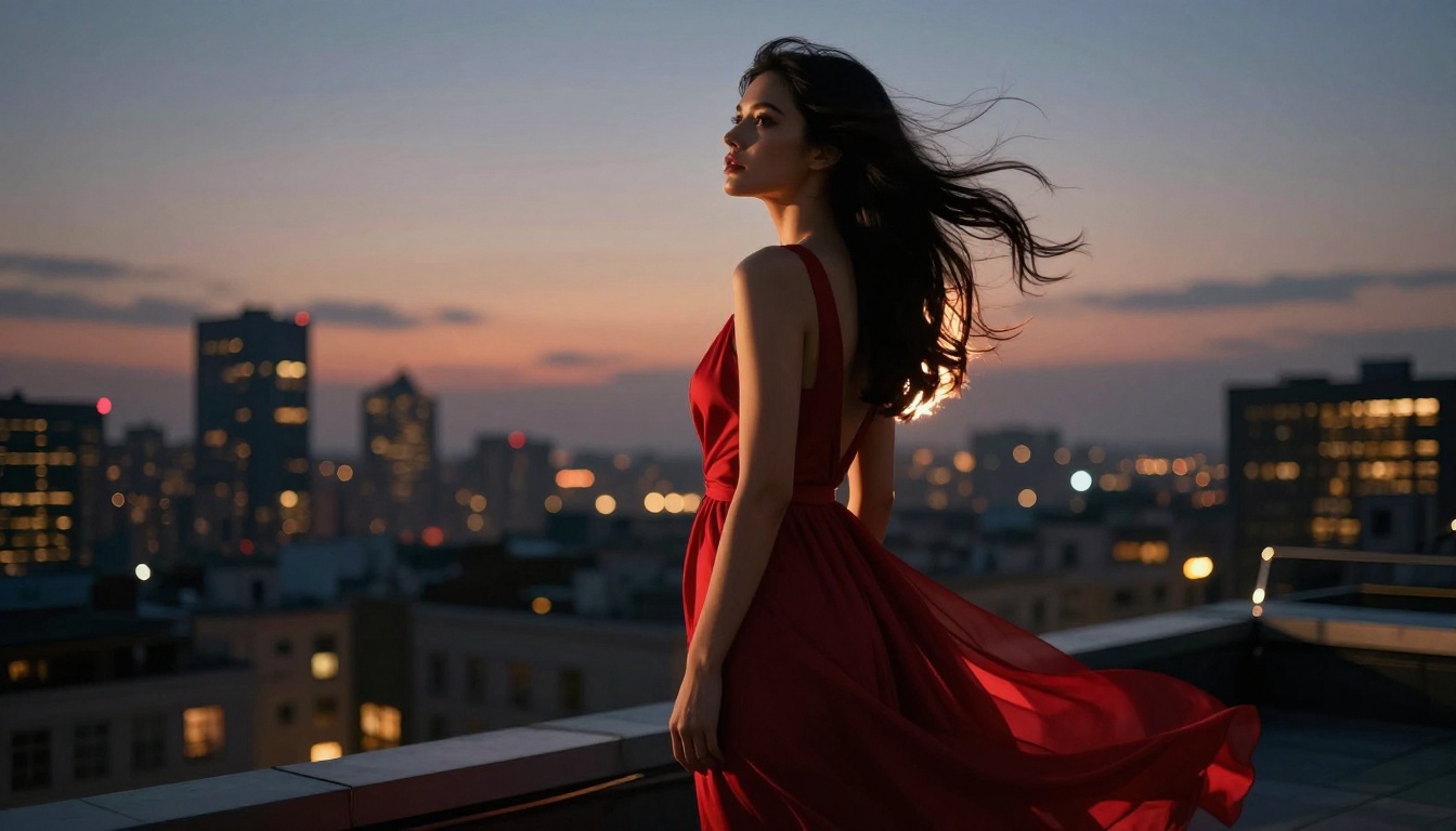 Rooftop at dusk red evening dress dramatic cityscape