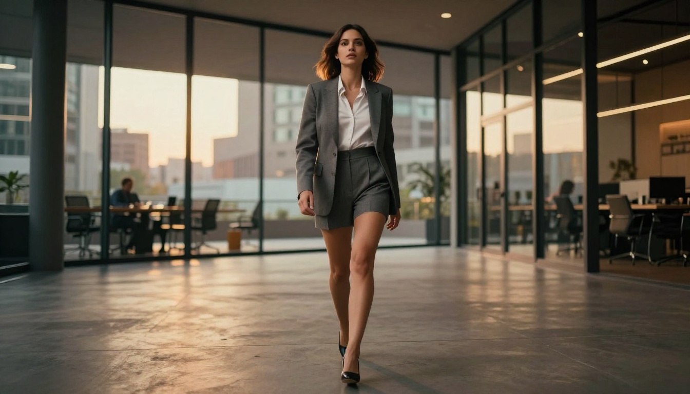 Low-angle view of a confident woman in a blazer striding through a modern glass-walled co-working space