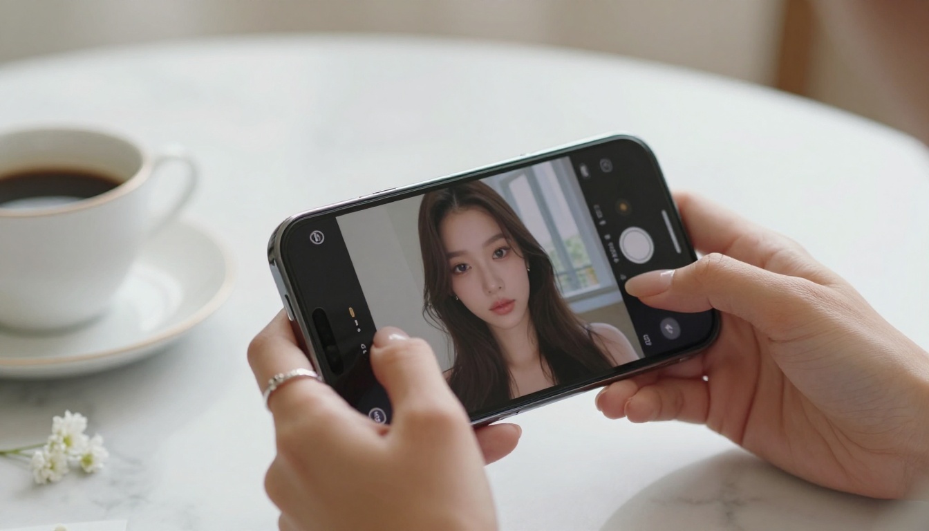 Elegant female hands holding smartphone with AI portrait on marble desk Elegant female hands holding smartphone with AI portrait on marble desk