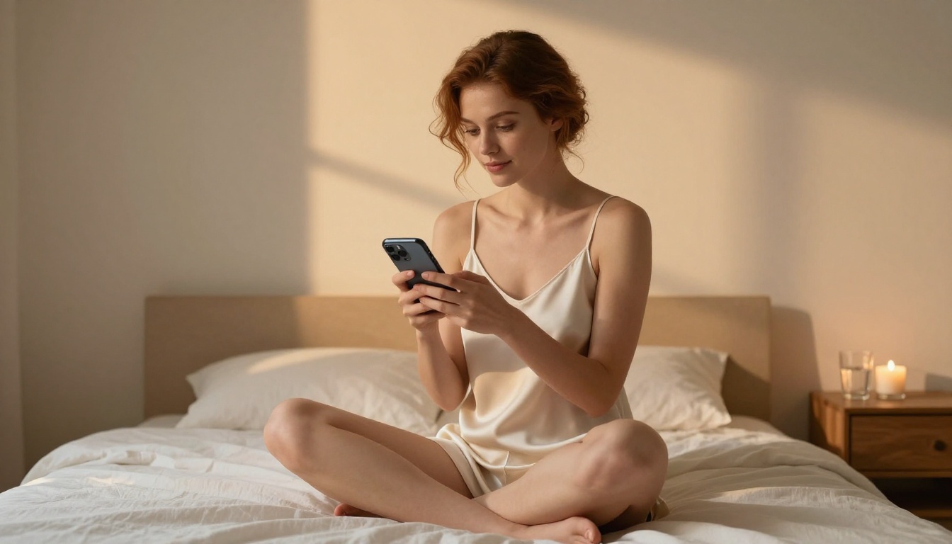 Woman using AI chatbot on smartphone in cozy bedroom setting
