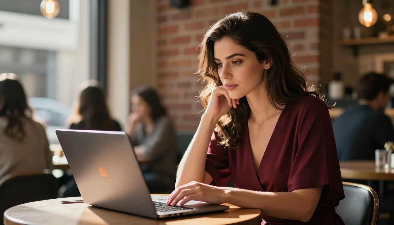 Woman browsing AI platform on laptop at coffee shop