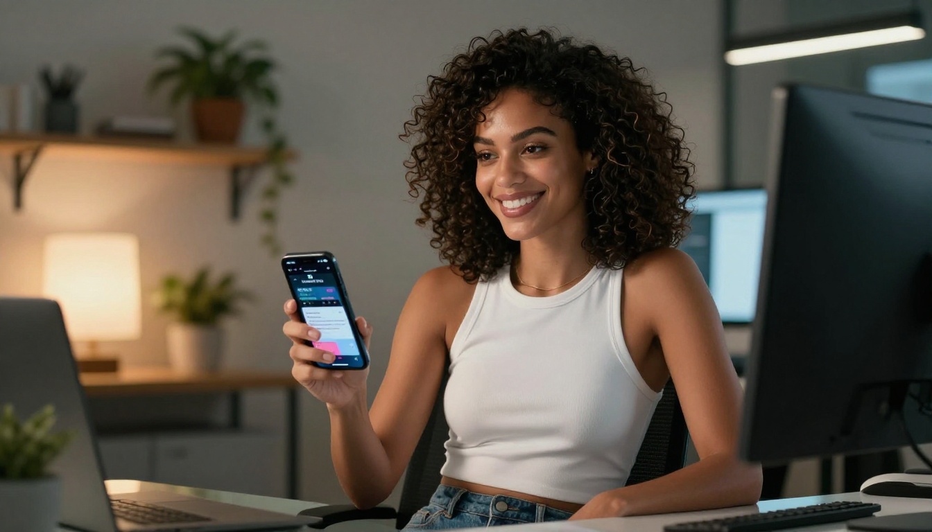 Confident woman with curly hair in modern tech workspace holding smartphone with AI app