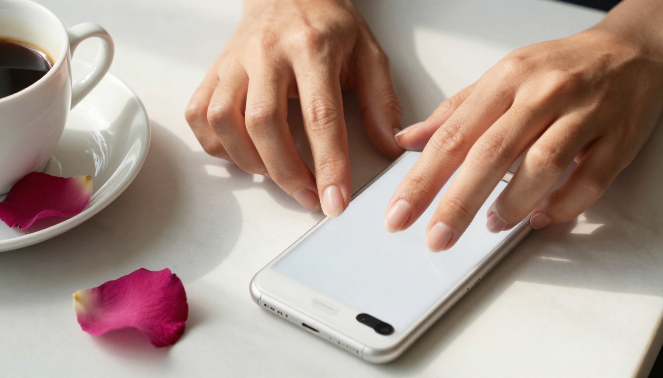 Close-up of hands typing on smartphone on marble surface