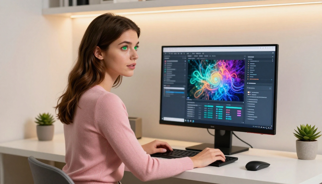 Woman working on AI image generation at modern home office computer